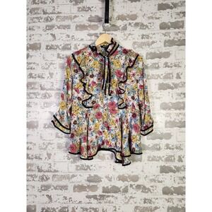 Colorful Boho Floral Ruffle Top Size Small Vintage Inspo Flowy Airy Feminine